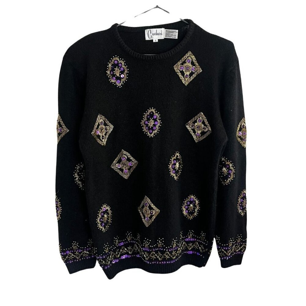 Vintage 80s/90s Black Carducci Silk Lambs Wool Angora Beaded Embellished Sweater